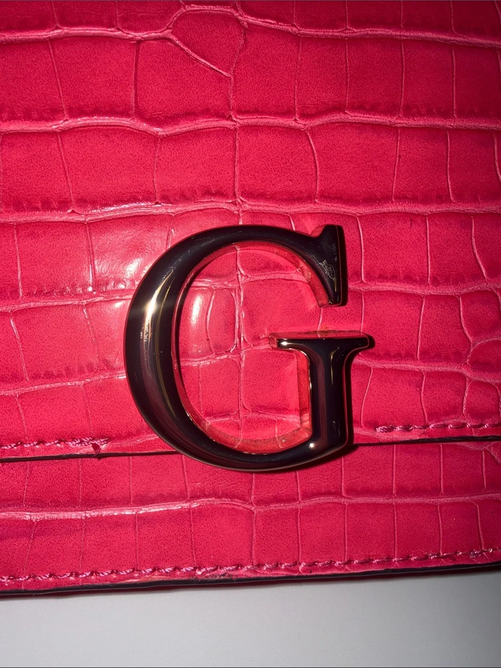 GUESS Hot Pink Croc-Embossed Crossbody Bag with Gold G